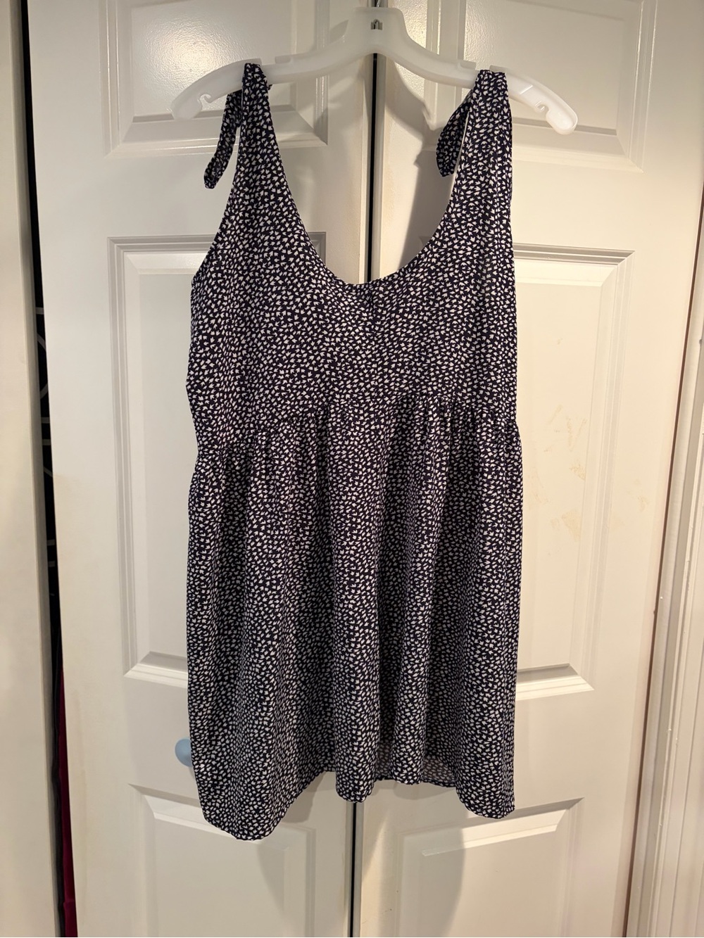 Navy Tie-Shoulder Mini Dress with White Print